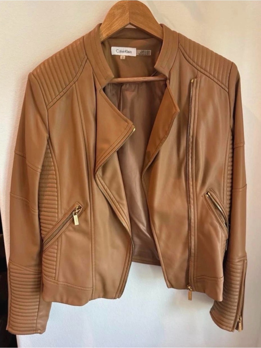Calvin Klein Women's Camel Leather Moto Jacket